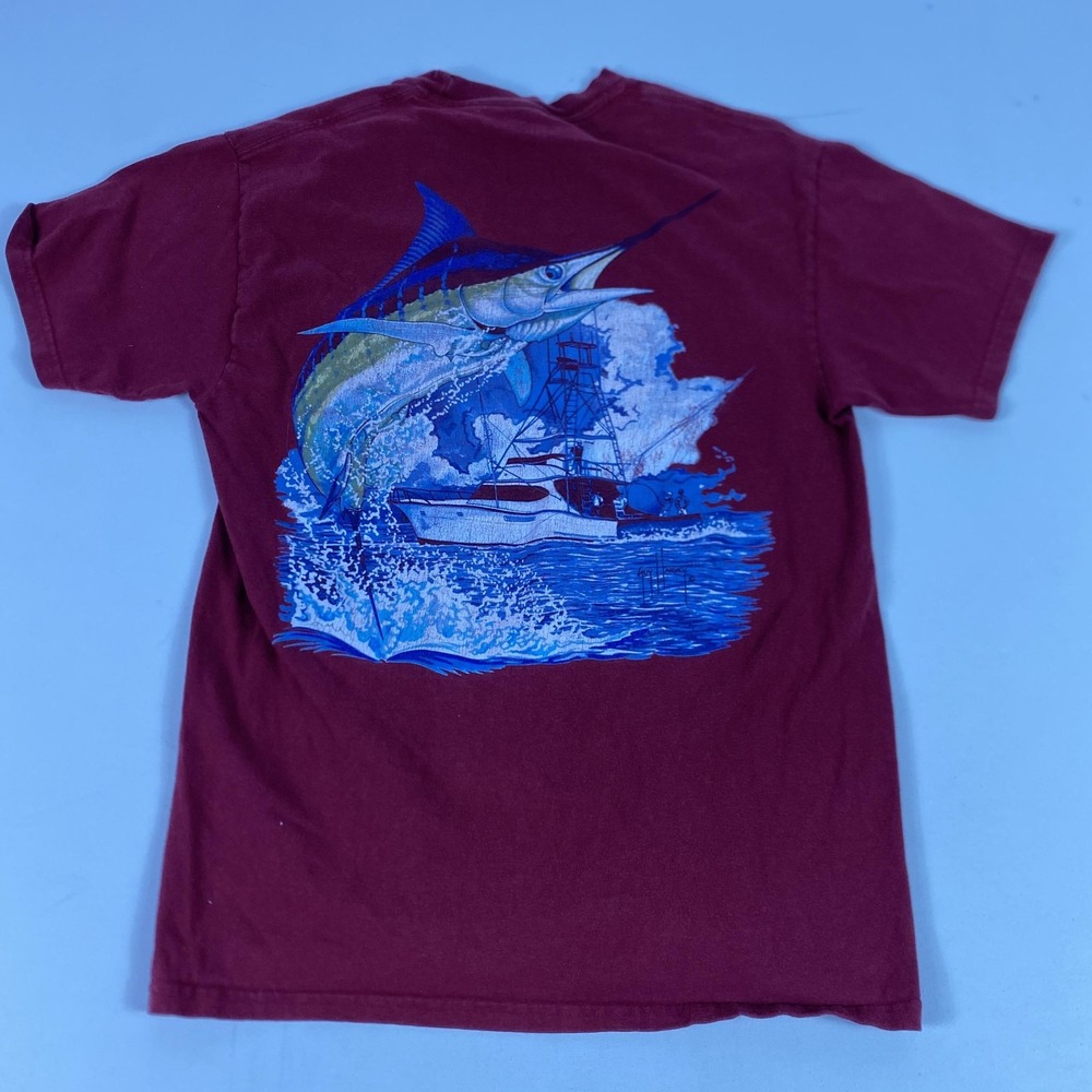 Guy Harvey Shirt Mens M Red Pocket Crewneck Sport Fishing Graphic Marlin